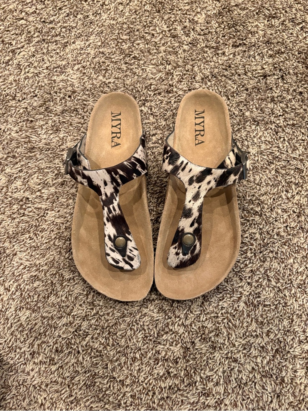 Myra Black & White Cowhide-Print T-Strap Sandals